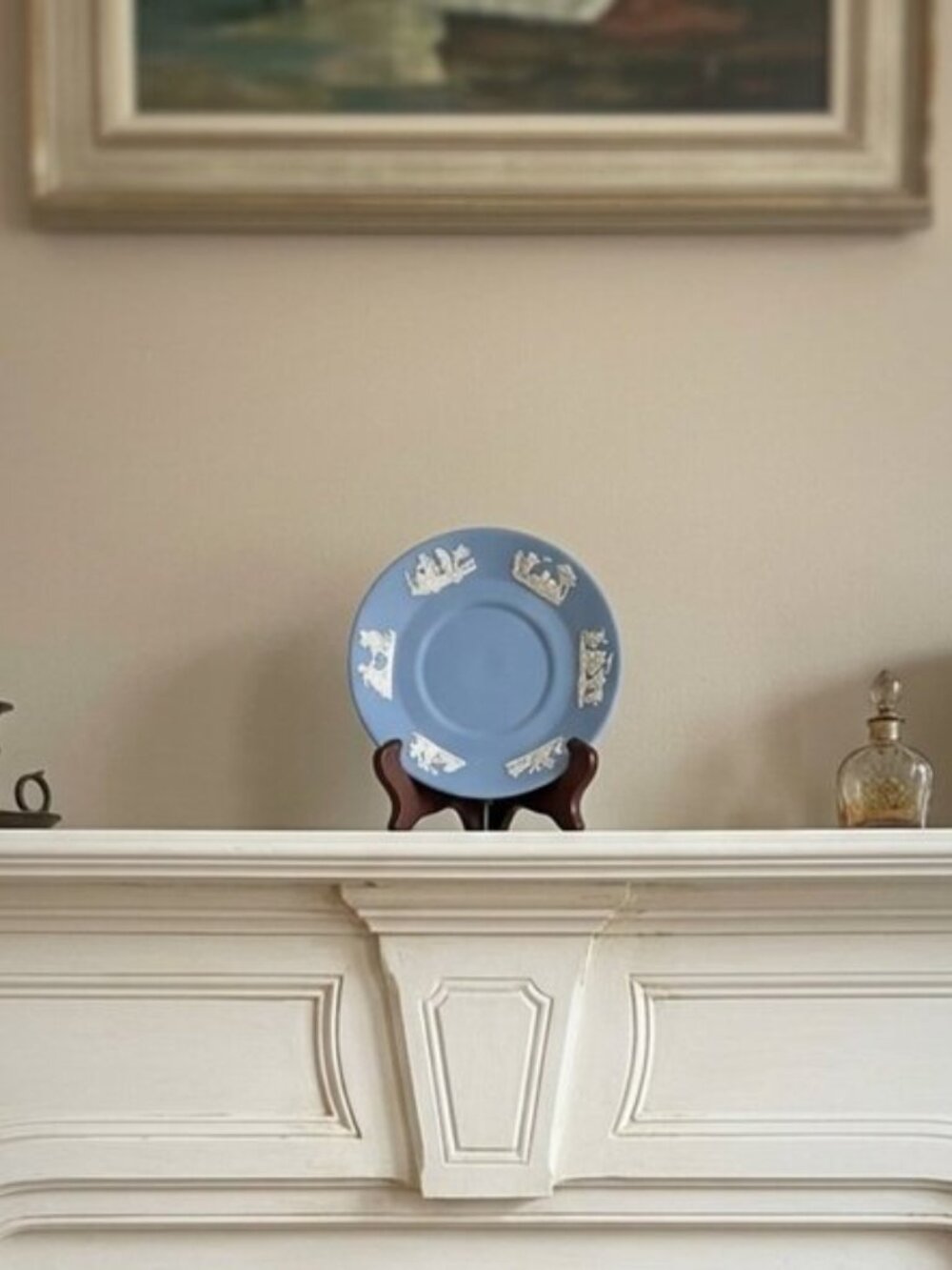 Wedgwood Blue Jasperware Small Round Saucer with White Motif